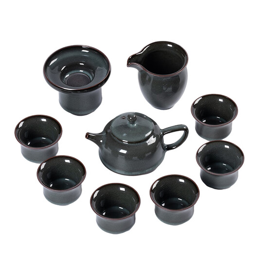 Longquan celadon high-end tea set Ge kiln iron tire ice crack open piece home reception tea pot tea cup set gift box iron tire fixed pot tea set 10 pieces gift box