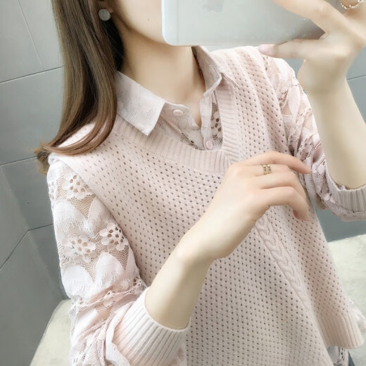 Yixiqi long-sleeved shirt women's loose knitted sweater women's 2022 autumn and winter new sweater bottoming shirt versatile knitted vest shirt suit female student western style top outer wear pink XL