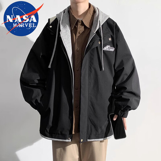 NASA MARVEL jacket men's spring and autumn jacket trend hooded fake two-piece casual fashion loose men's and women's Khaki XL