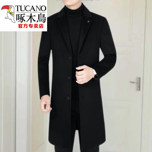 Woodpecker (TUCANO) woolen coat men's double-sided woolen coat men's mid-length woolen coat men's autumn and winter 2025 new style black mid-length no more than knee 4XL 155-170Jin Jin is equal to 0.5 kg