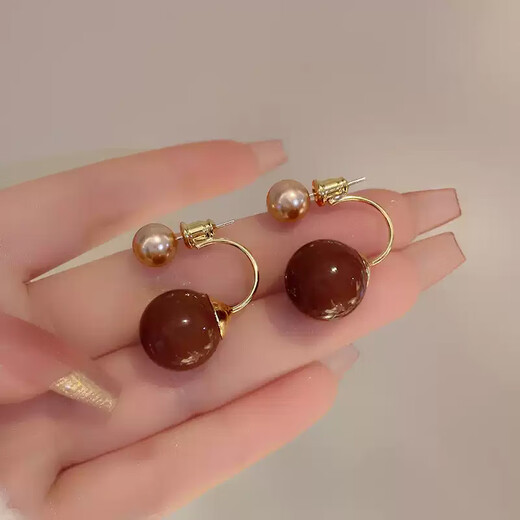 Idel Maillard Coffee Color Retro Contrast Color Ball Earrings Female Niche Design Two-Wear Earrings Light Luxury Earrings E3730 Maillard One Two-Wear Earrings