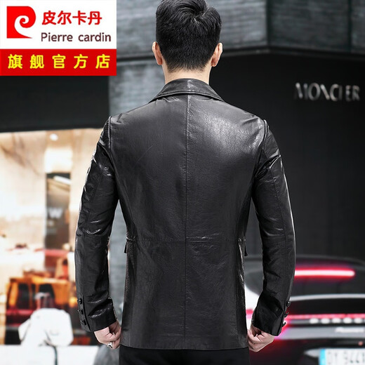 Pierre Cardin Haining first-layer waxed cowhide windbreaker genuine leather jacket for men medium-length suit collar windbreaker dad leather jacket black XL 175 (50)