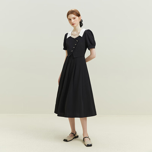 Fanslanen 23FS12399 fake two-piece French style dress for women summer new commuter slimming black XS