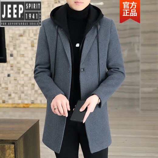 Высококачественная шерстяная ветровка JEEP 2025 года, новинка осени и зимы, ветровка средней длины для толстяка, мужская куртка большого размера, мужская куртка большого размера 8888M, черная красная шапка M95-110Jin Jin равна 0,5 кг
