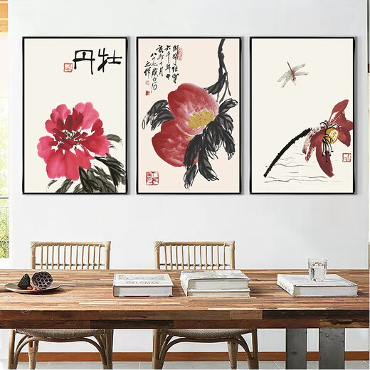 Qi white graphite shrimp new Chinese style decorative painting living room sofa background wall painting ink Chinese style restaurant study hanging painting 23 ink shrimp 3 horizontal version 30*40 simple wood grain color frame + canvas