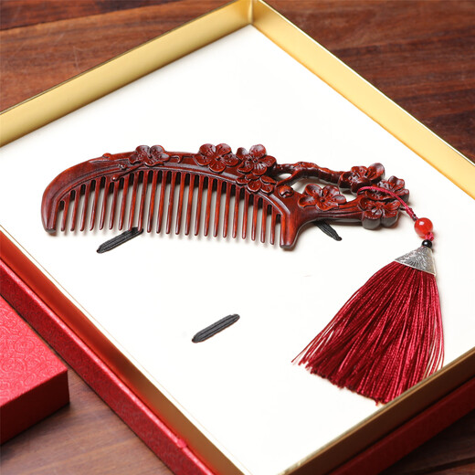 Meng Junchen Small Leaf Rosewood Hairpin Mahogany Peach Blossom Drunken Plum Blossom Hairdressing Comb for Girlfriend’s Birthday and Valentine’s Day Gift Set Peach Blossom Drunken (comb + Hairpin) Gift Box Set