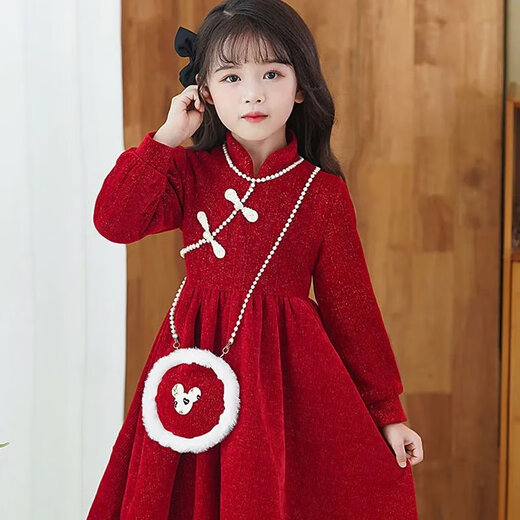 Disney Spring Festival New Year's Wear 26 New Autumn and Winter Girls' Cheongsam Red Dress Velvet New Year's Christmas Gift New Skirt Red Velvet Dress (without bag) 110