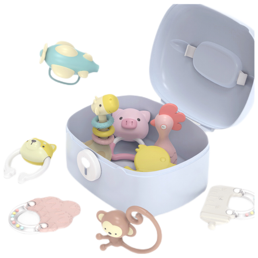 Aseblarm teether hand rattle 0-3-6 months 1 year old baby grasps early education enlightenment soothes newborns chewable baby toys G animal rattle 9 kit (blue)