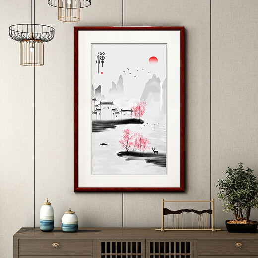 Zi Teng Suixuan ink landscape painting new Chinese style living room decoration painting background wall mural Chinese style entrance hall study hanging painting Picture 2 35*50cm mahogany color solid wood frame