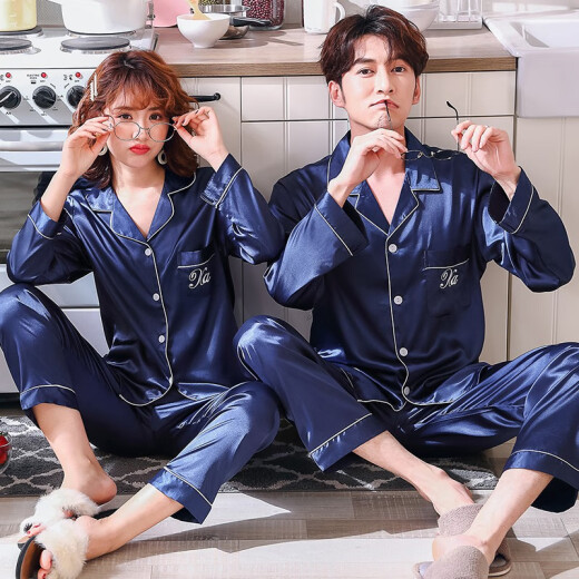 Yiman'an Couple Pajamas Women's Spring and Autumn Ice Silk Long-Sleeved Home Clothes Set Fashion Plus Size Casual Women's Pajamas 310 Navy Blue Women's *L