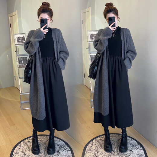YUANSISE Maternity Autumn and Winter Sweater Cardigan Dress Set 2025 New Small Jacket Autumn and Winter Outer Wear Two-piece Set Black Dress + Gray Jacket L Recommendation 115-130 Jin Jin equals 0.5 kg