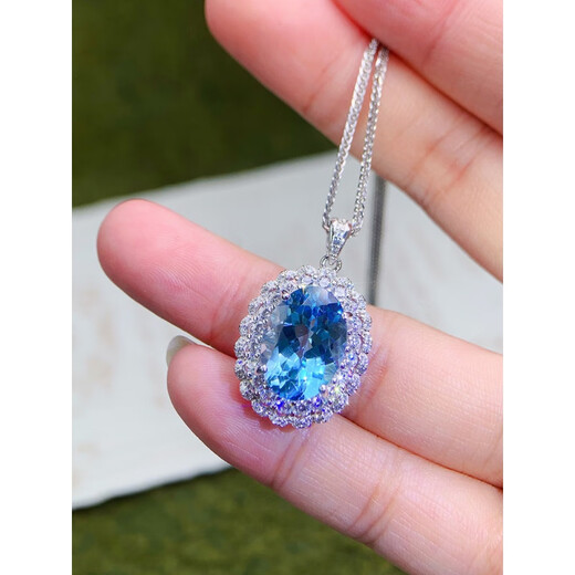 Gepan 9 carat natural topaz set S925 silver pigeon egg ring luxury blue gem pendant women's necklace set (ring + necklace)