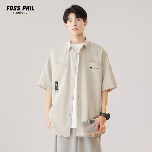 Foss Phil workwear short-sleeved shirt men's summer loose and versatile casual half-sleeved shirt top jacket FPCS8 beige XL Foss Phil workwear short-sleeved shirt men's summer loose and versatile casual half-sleeved shirt top jacket FPCS8 beige XL