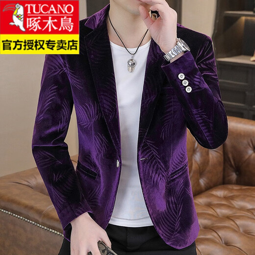 Woodpecker Spring and Autumn New Gold Velvet Suit Men's Casual Korean Slim Casual Uniform Youth Personalized Small Suit Jacket Apricot 3XL 150-165Jin Jin is equal to 0.5 kg