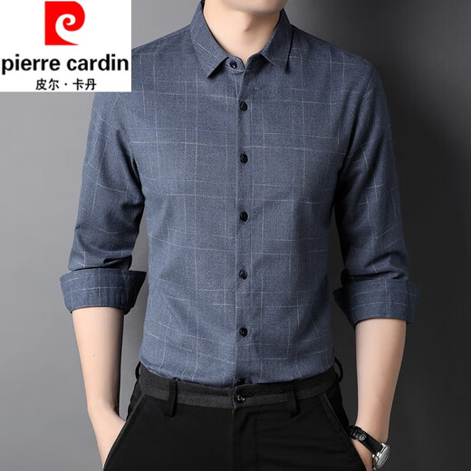 Pierre Cardin pure cotton comfortable and warm long-sleeved shirt men's winter thickened velvet business casual plaid warm shirt jacket gray (model) velvet XL 180 recommended 155-165Jin Jin equals 0.5 kg
