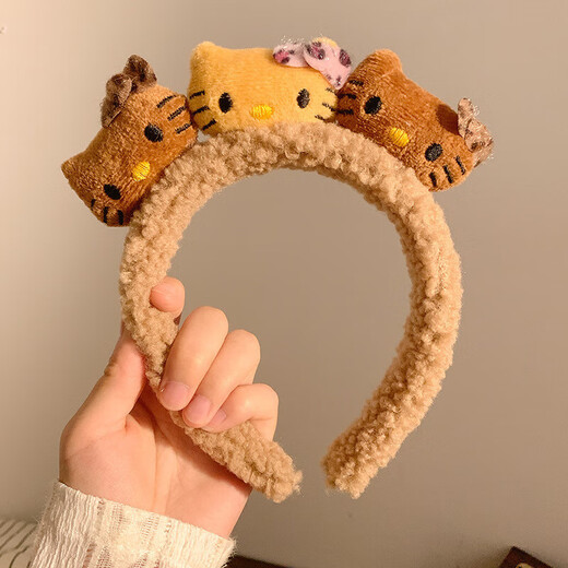 Cat ear plush headband leopard print KT cat sauce headband women's face wash makeup headband cartoon hair accessories tiger stripe white cat/