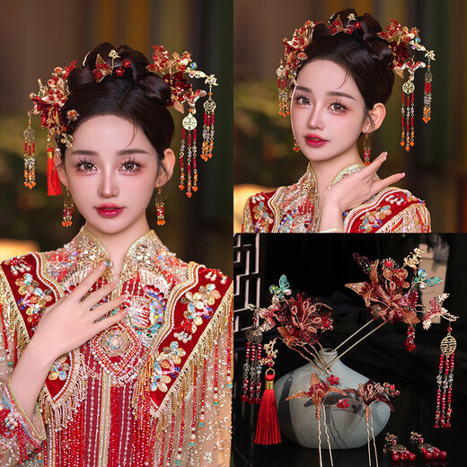 KZD New Chinese Style Xiuhe Headwear 2024 New Style Ancient Style Bridal Hair Accessories Xiuhe Clothing Wedding Dress Accessories Because of You Tiara Set (Ear Clip)