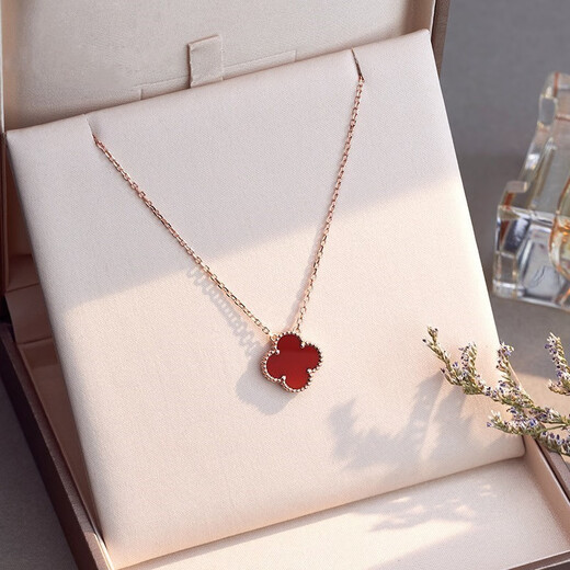 Fafanxi Light Luxury Four-leaf Clover Necklace for Women 18K Color Gold Internet Celebrity Simple Rose Gold Chinese Valentine's Day 520 Gift for Girlfriend Red Agate (13mm)