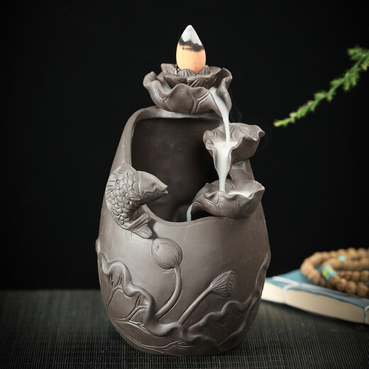 Yuxuan purple clay tea pet backflow incense burner koi ornaments fish playing in the lotus pond handmade cute fortune-enhancing pieces tea table tea play carp backflow incense burner fish playing in the lotus pond