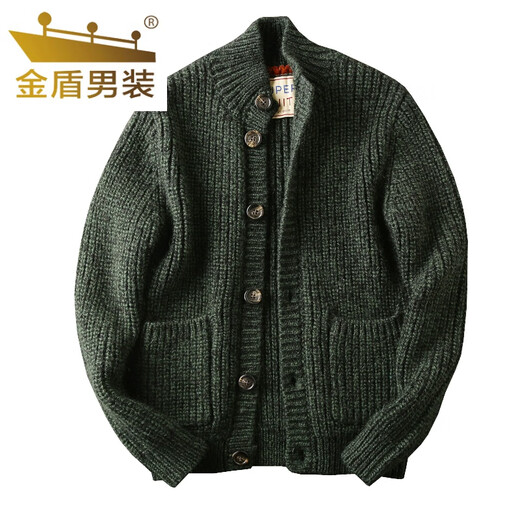 Golden Shield Wool Cardigan Italian Station Men's Autumn and Winter Thickened Knitted Sweater Jacket Green L (145-165Jin Jin equals 0.5kg)