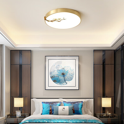 Qianzhang Lamp New Chinese Style Full Copper LED Ceiling Lamp Light Luxury Golden Eye Protection Simple Modern Bedroom Study Ultra-Thin Anti-mosquito Lamp Round 30cm Lucky Bamboo 18W Three-tone Lighting