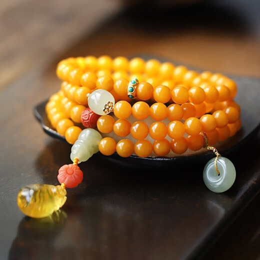 Longyin Baltic Sea Beeswax Bracelet Natural Amber Bracelet Women's 108 Buddha Beads Rosary Birthday Gift YJ 7mm