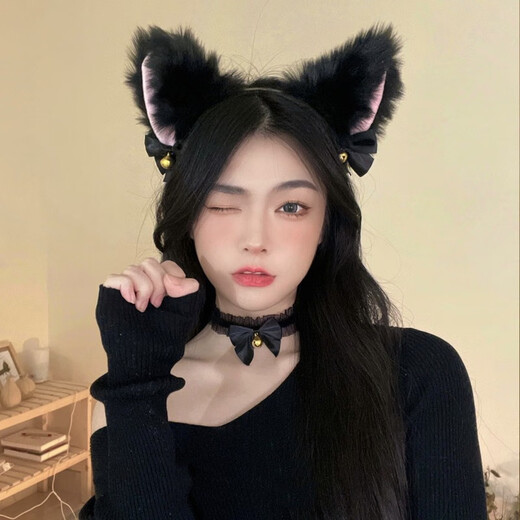 Bo Na Ling Cat Ear Headband Collar Beast Ear Headwear Hair Accessory Face Wash Female Anchor Pure Desire Cos Cute Bell Bow Festival Cat Ear Headband + Collar Black