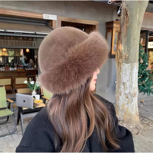 铂莱奢瑞 BOLSRO渔夫帽仿皮草貂毛感蓬松女贵妇风大头围毛绒帽冬季保暖套头帽 皮草蒙古帽-米色