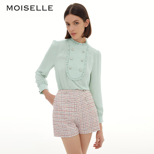 MOISELLE慕诗 新款通勤衬衫钉珠刺绣荷叶领百搭衬衣5M983 白色 36/S