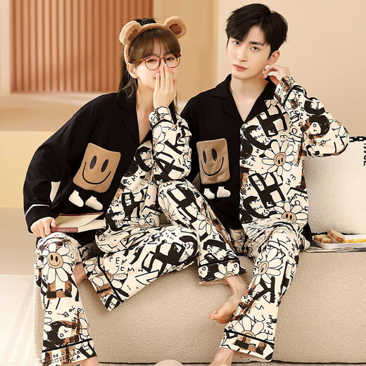 俊俊穗迪美（JUNJUNSUIDIMEI）2套价 情侣睡衣女长袖春秋季薄款纯棉卡通女士男士开衫家居服套装 长-GEY-757 M 女+男XL