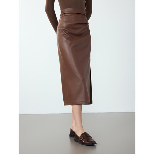 Langzi retro high-waist straight temperament slim slim leather skirt mid-length commuter casual skirt new winter style dark coffee color 2 M