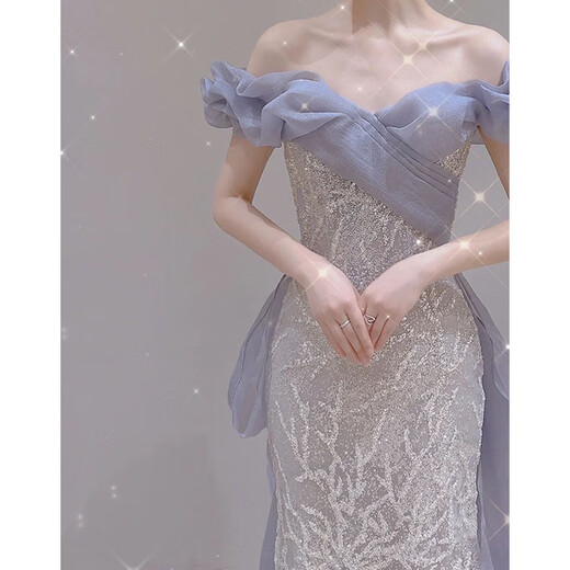 Paviso fishtail evening dress 2025 spring one-shoulder sequin fairy temperament bride toasting dress party host dress blue fishtail style L