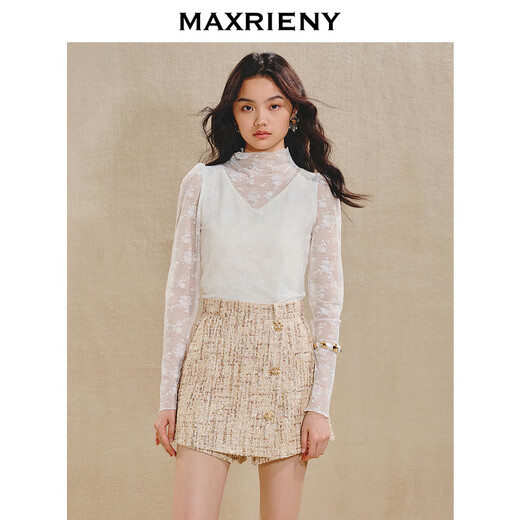 MAXRIENY exquisite romantic lace chiffon shirt temperament slim slim turtleneck top bottoming shirt for women in white M