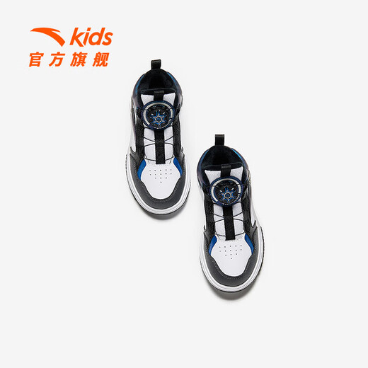 ANTA Children's Synthetic Leather Shoes Boys' Shoes 2024 Autumn Velvet Warm Anti-Slip Knob Button Synthetic Leather Boots High Top ANTA White/Black/Horizon Blue-2 31 Size