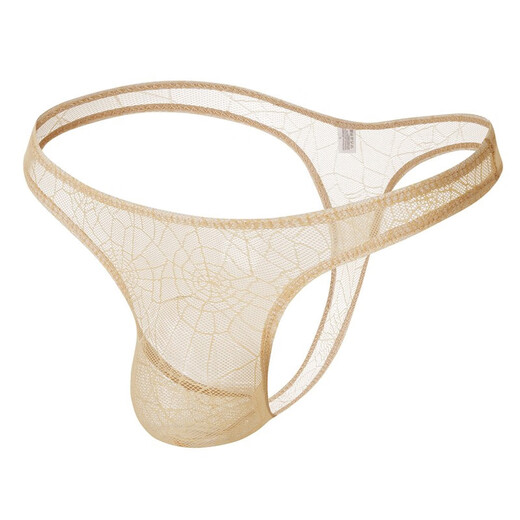 Iosn Men's Sexy Low Waist Underwear Breathable Spider Web Low Waist Thong Transparent Briefs Fat Bear Large Size HS605 Yellow L