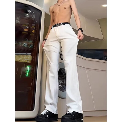 迪伽达 白色牛仔裤男士宽松秋季新款美式高街高腰窄版微喇显瘦裤子男 HCFS-2076白色 2XL