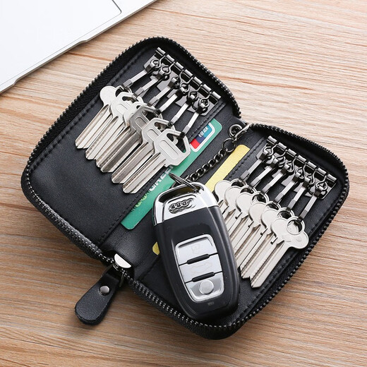 MAIWEINI genuine cowhide car key bag men's large capacity zipper bag women's waist hanging key bag trendy card bag driver's license black 12 key slots + 2 card slots
