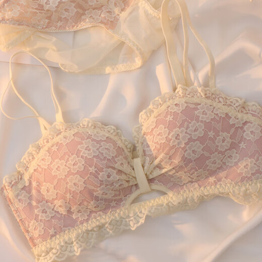Wen Fanxin underwear women's small breast push-up no wire bra girl pure desire sexy lace auxiliary breast support adjustable bra pink (set) 34A/75A