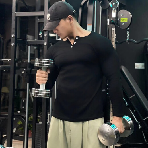 Dameitu (Dameitu) Henry shirt American long-sleeved threaded cotton retro American khaki men's raglan fitness show big Henry collar T-shirt sports black XL suitable for 60-70kg