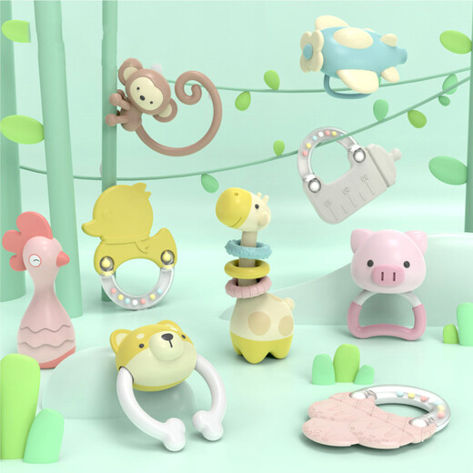 Aseblarm teether hand rattle 0-3-6 months 1 year old baby grasps early education enlightenment soothes newborns chewable baby toys G animal rattle 9 kit (blue)