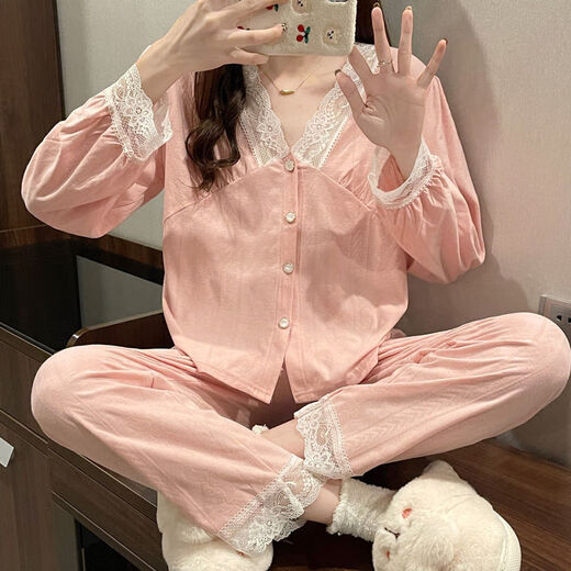 
Wanmanduo cardigan pajamas women's cotton autumn style sexy lace long-sleeved V-neck internet celebrity short show 3 3882# blue jacquard M recommended 80-105 Jin [Jin equals 0.5 kg]