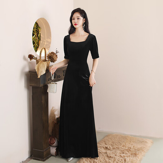 Velvet black long evening dress slim dress art entrance ceremony musical instrument performance conductor presides over annual meeting black S