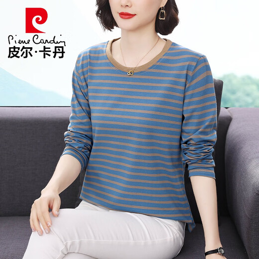 皮尔卡丹纯棉条纹长袖T恤女打底衫2025春秋新款宽松显瘦百搭洋气上衣气质 826#长袖【粉色】 M 【建议80-100斤】