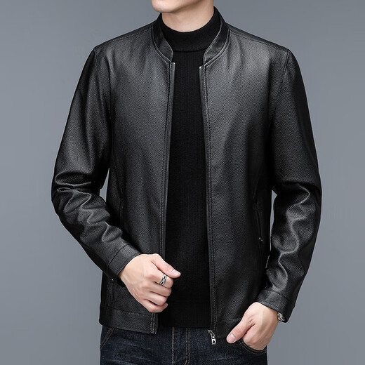 Old man's head (LRT) middle-aged and elderly autumn and winter leather jacket men's business casual slim windproof leather jacket motorcycle jacket velvet thickened jacket DN1081 black zipper stand collar 4XL