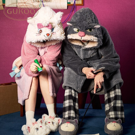 Gukoo Couple's Pajamas Autumn and Winter Mary Cat Series Co-branded New Coral Velvet Nightgown Women's Home Clothes Men's Pajamas D Mary Cat Women's Nightgown M