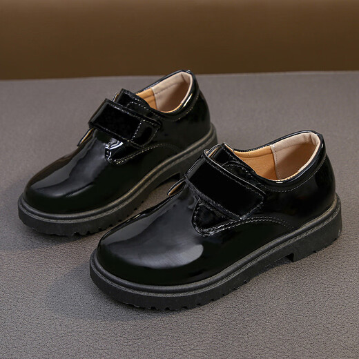 Ershanji Boys' Leather Shoes Black Children's Campus Small Leather Shoes Soft Sole Performance Shoes New Performance Little Boys British Students Black Velcro Style 32 Size Inner Length 20.5cm