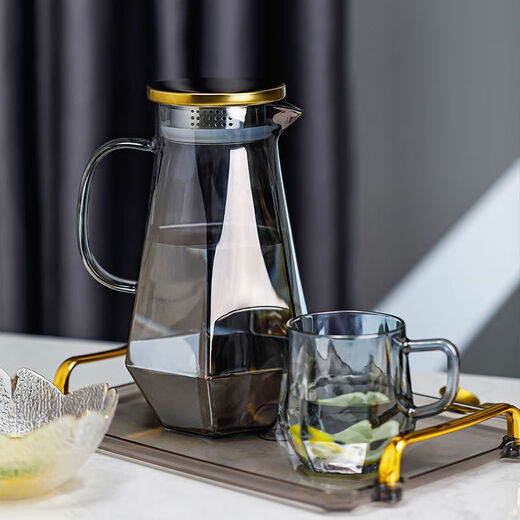 Camellia Valley cold kettle glass cup home set living room cold kettle cup holder light luxury high temperature resistant diamond pot (elegant gray) + 6 cups + deer stand + holder