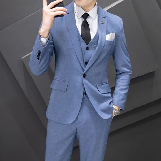 Playboy (PLAYBOY) casual suit men's suit Korean style business formal three-piece suit slim wedding groomsman dress high-end suit jacket black suit + vest + pants with waist tie 3XL