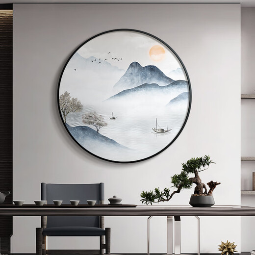 Paidan Xianmeng New Chinese Style Round Decoration Painting Entry Hall Decoration Painting Chinese Tea Room Background Wall Landscape Painting Ink Painting Lake and Mountain Color Diameter 60cm Aluminum Alloy Black Frame/Crystal Porcelain Surface
