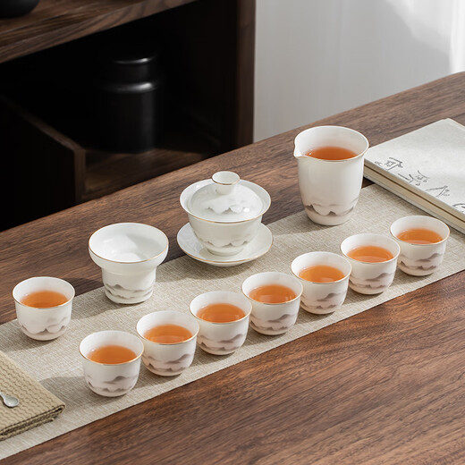 Gold inlaid jade mutton fat jade porcelain tea set white porcelain complete set ceramic Kung Fu tea set men's gift housewarming wedding moving gift Yunhai painted gold mutton fat jade porcelain tea set